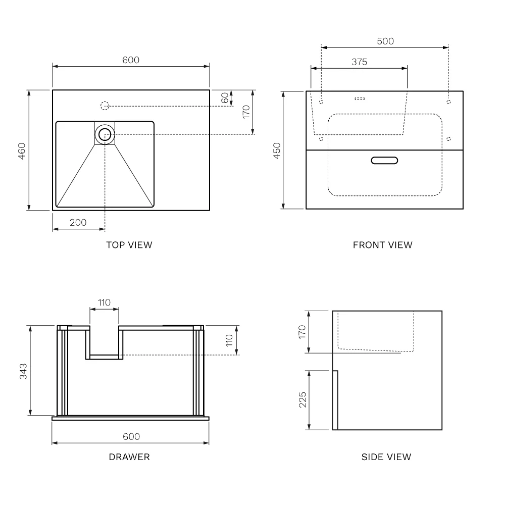 Bacino Wall Mounted Solid Surface Wash Basin with Drawer - Image 4