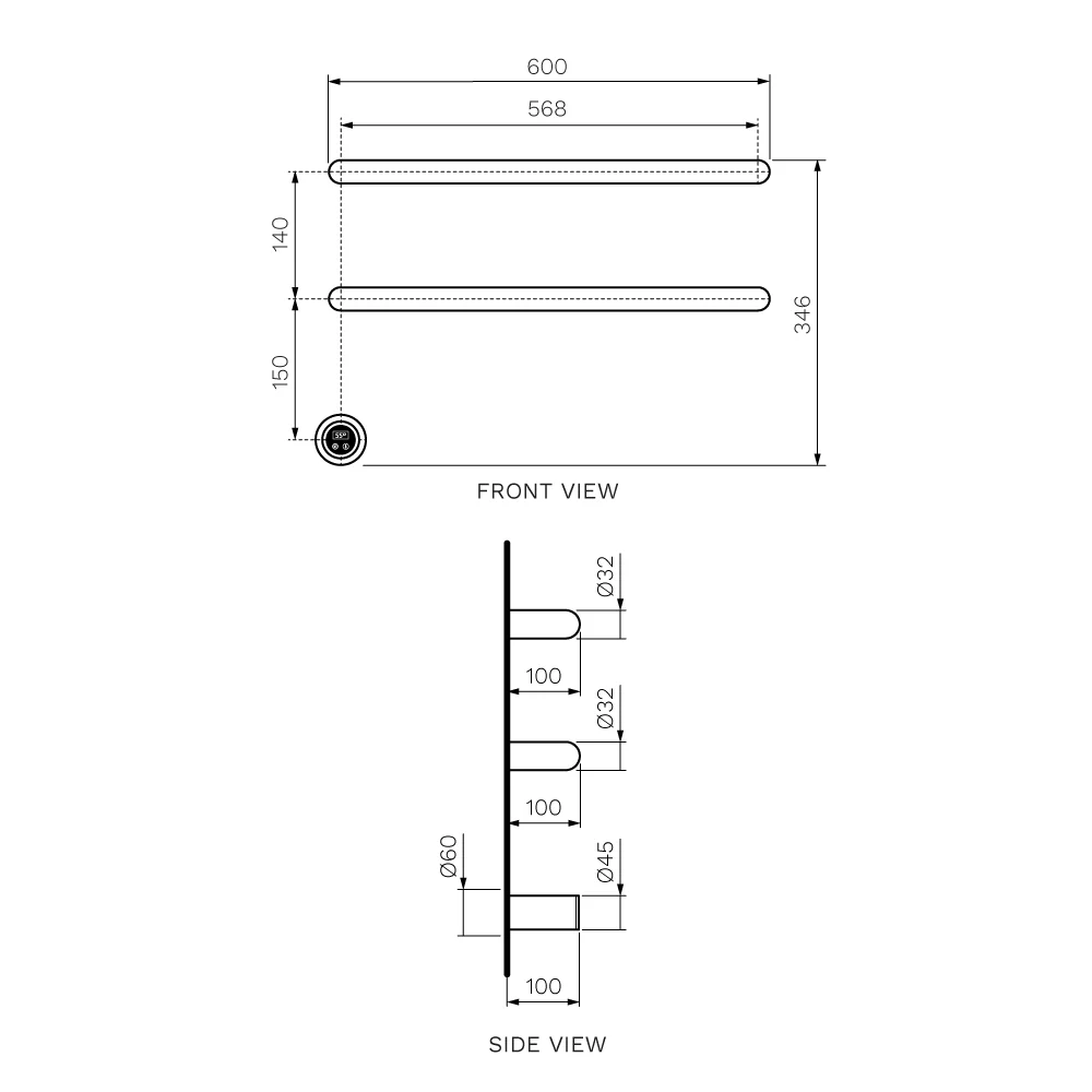 Tondo Heated Towel Rail 2 Bars 600mm with Controller - Image 8